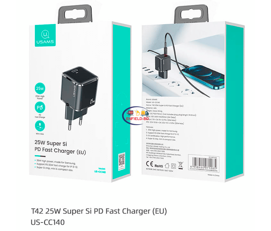 Gadget USAMS US-CC140 T42 25W SUPER SI PD CHARGER WITH DATA CABLE Enfield-bd.com