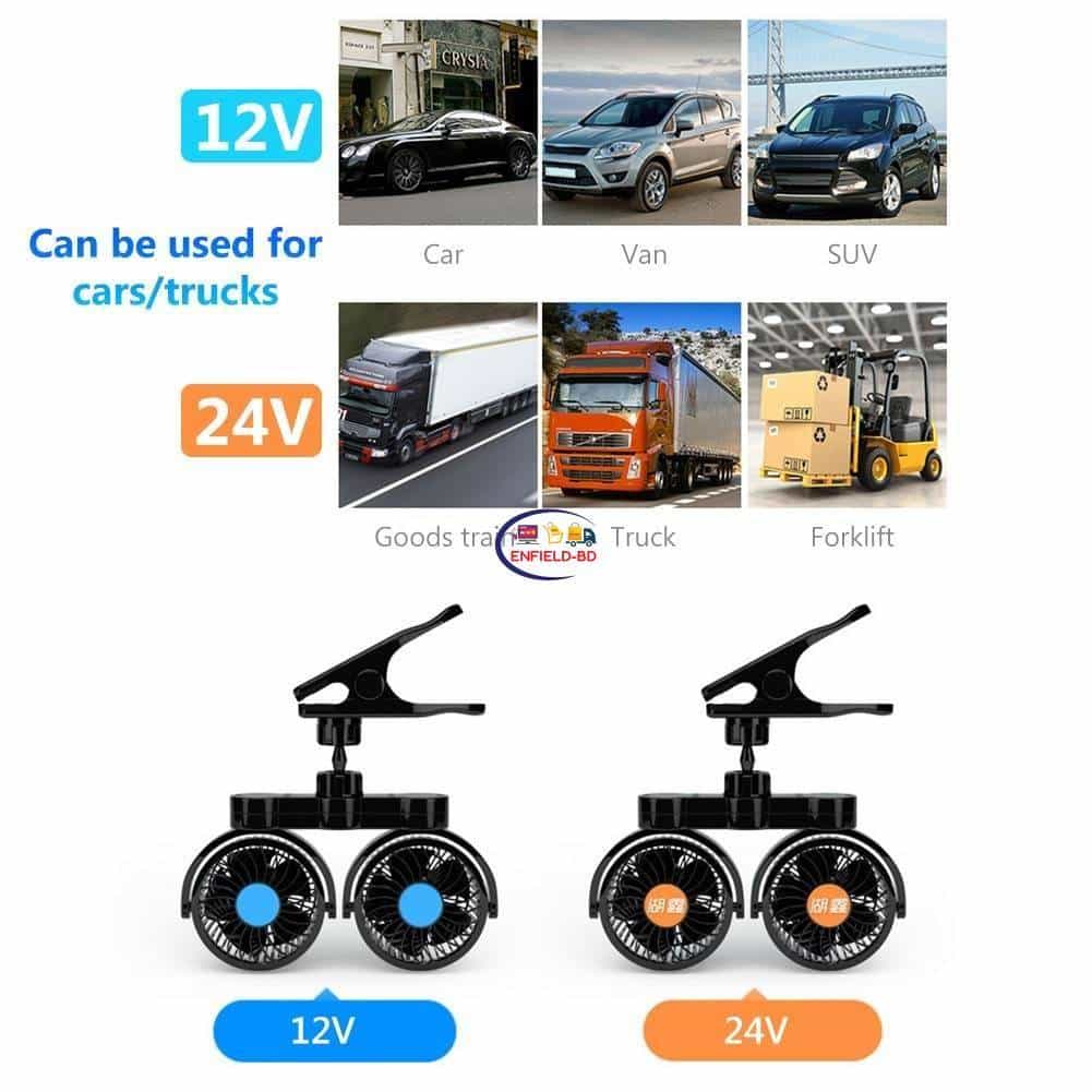 Enfield-bd.com Bike & Car Home & Living 12/24V Dual Head Adjustable Wind Summer Car Truck Rotatable Clip Cooling Fan Summer Heat-relief Fun Auto Car Accessories