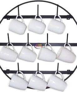 Enfield-bd.com Home & Living Round Coffee Mug Rack Black Metal Kitchen Rack with 3 Rows – Storage Hooks for 10 Cups 