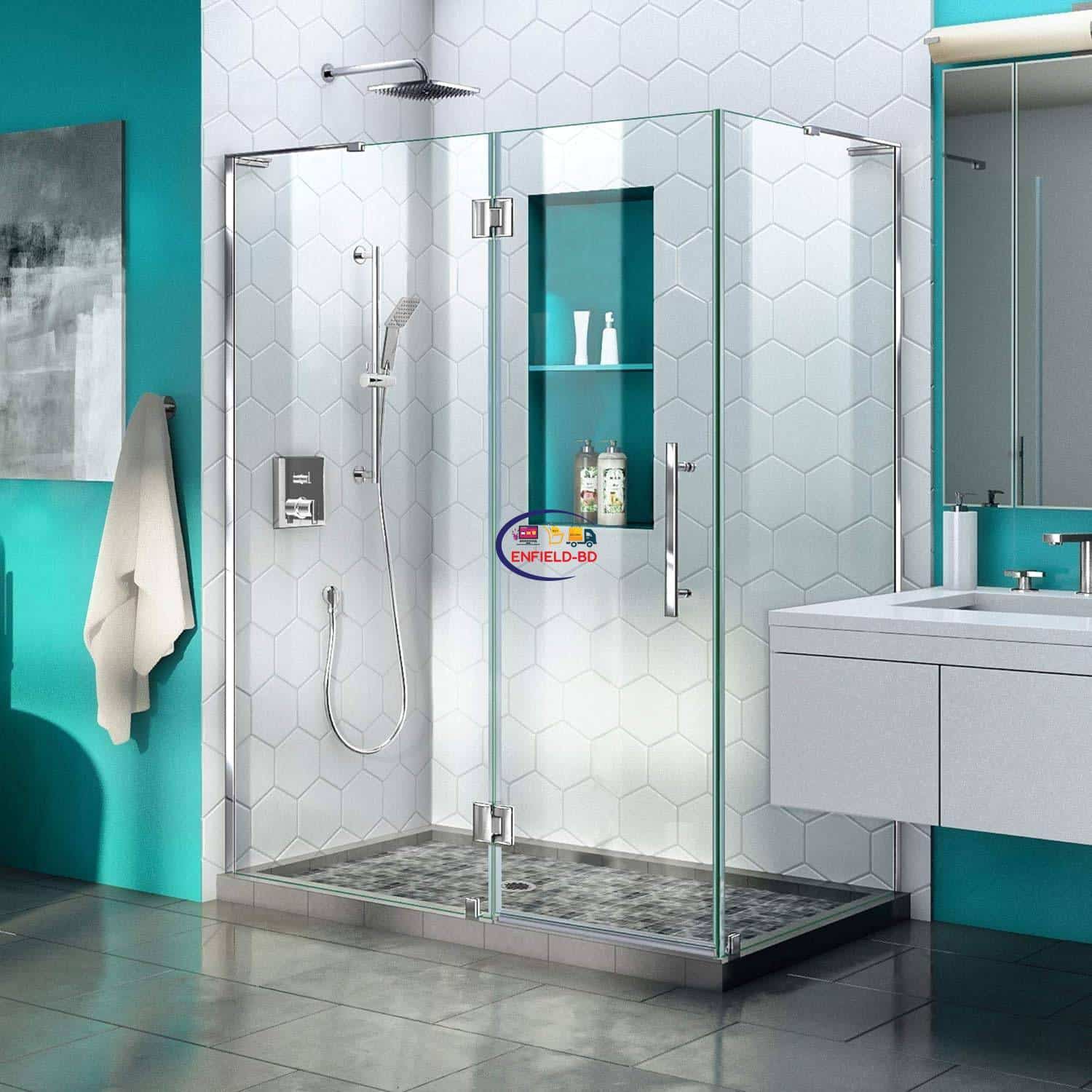 Enfield-bd.com Household Supplies Quatra Plus 34 in. D x 46 in. W x 72 in. H Frameless Hinged Shower Enclosure in Chrome