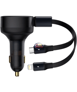 Baseus Lightning Car Charger Enjoyment Retractable 2 in 1 USB-C | Black Cases & Screen Protector 