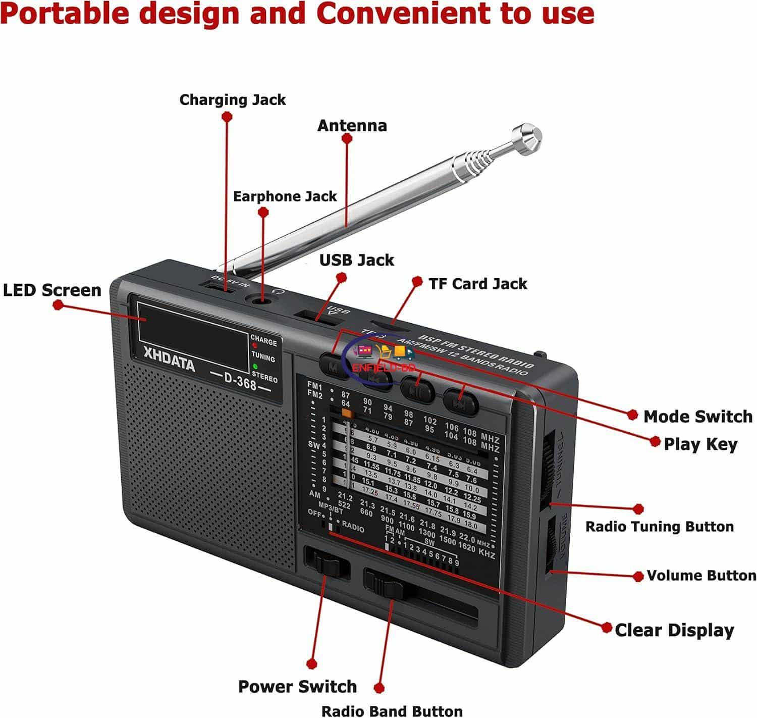 eNField-BD.COM XHDATA D-368 DSP Radio AM/FM/SW/AIR with MP3 Playback | Black Others
