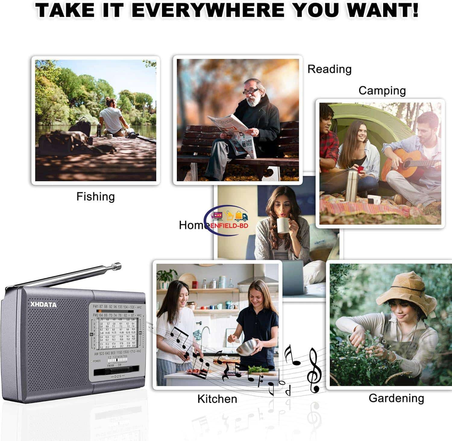 eNField-BD.COM XHDATA D219 Portable AM/FM SW Radio | Clear Sound Gray Others
