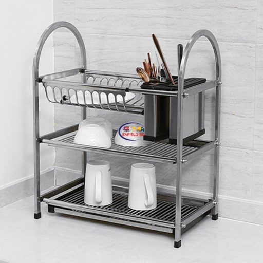 Enfield-bd.com Home & Living 3 Tiers Dish Drying Rack 3-Tiers Dish Drying Rack Holder Basket Stainless Steel Large Capacity Bottom Pullable Kitchen Dish Drainer Drying Rack Organizer
