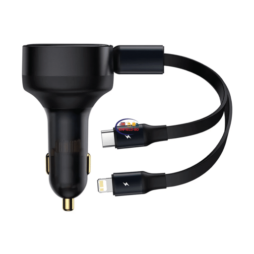 Baseus Lightning Car Charger Enjoyment Retractable 2 in 1 USB-C | Black Cases & Screen Protector