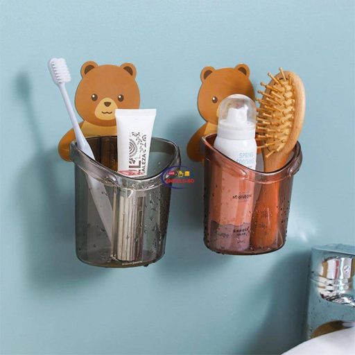 Enfield-bd.com Health & Household Kitchen & Dining Multifunction Bear Wall Mounted Toothbrush Holder Cup Punch Free Storage Rack Bathroom Supplies Organizer Bathroom Accessories